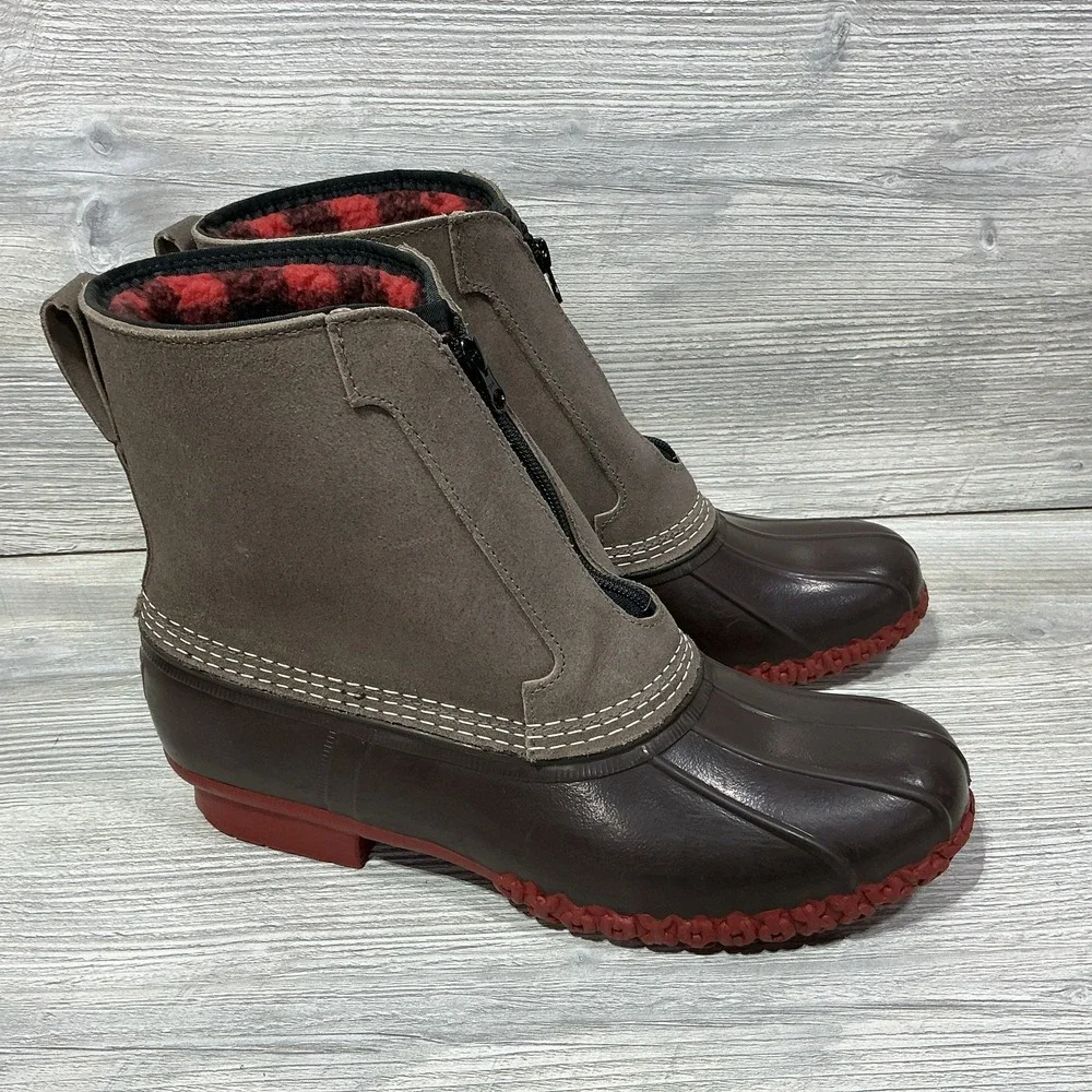 LL Bean Zipper Duck Boots Fleece Plaid Lined Primaloft USA Made Mens Size 10 M